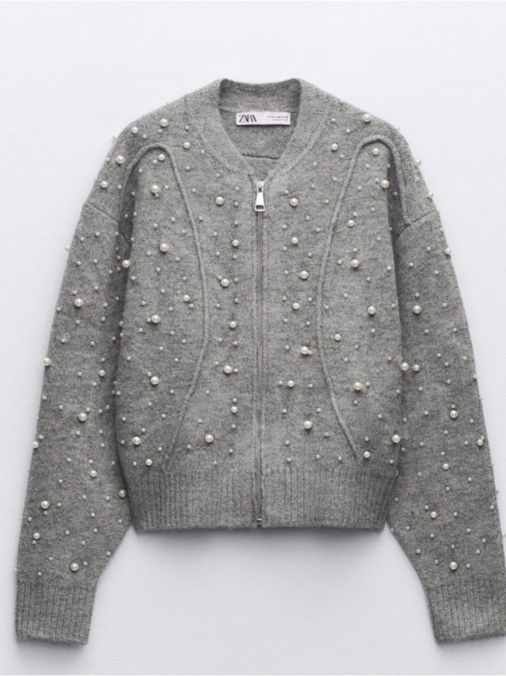 Zara Gray Pearl-Embellished Zip Bomber